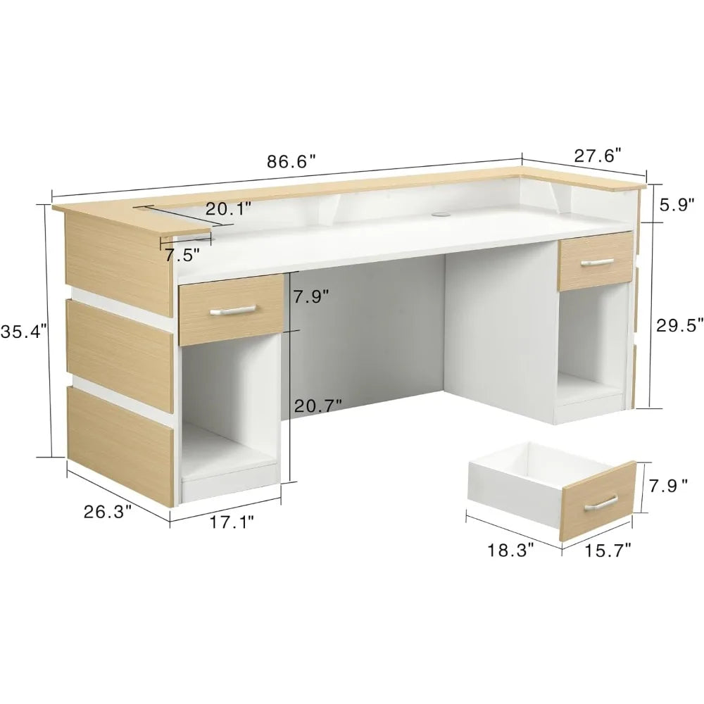 87" Wooden Reception Desk with Retractable Rails, and Chrome Handles for Nail Salons