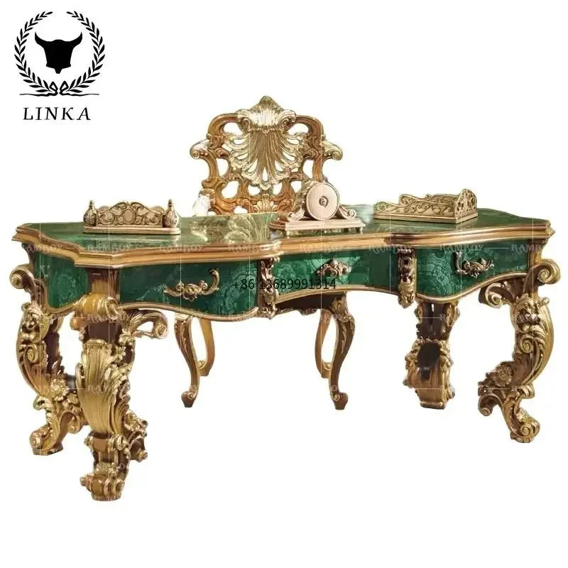 European-style solid wood gold foil  Italy luxury carved computer home desk green desk