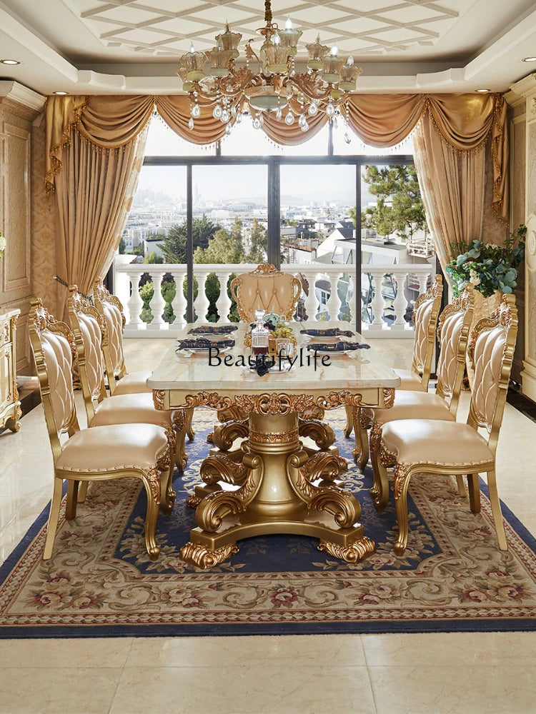 European-Style Marble Rectangular Dining Table Set: Solid Wood Carved, Large Table with Golden Accents.