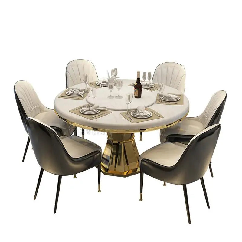 Luxury Natural Marble Round Dining Table Set – Portable Stainless Steel with 6 Chairs