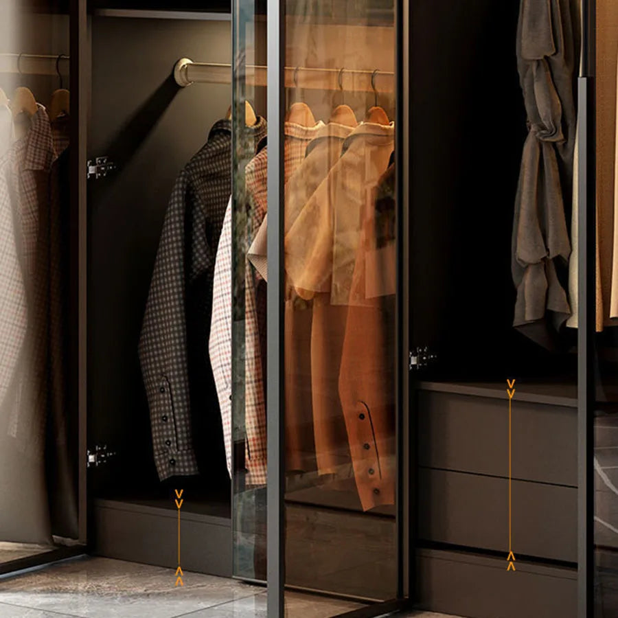 Luxury Glass Door Wardrobe – Black with Night Sensor Light and Interior Lighting