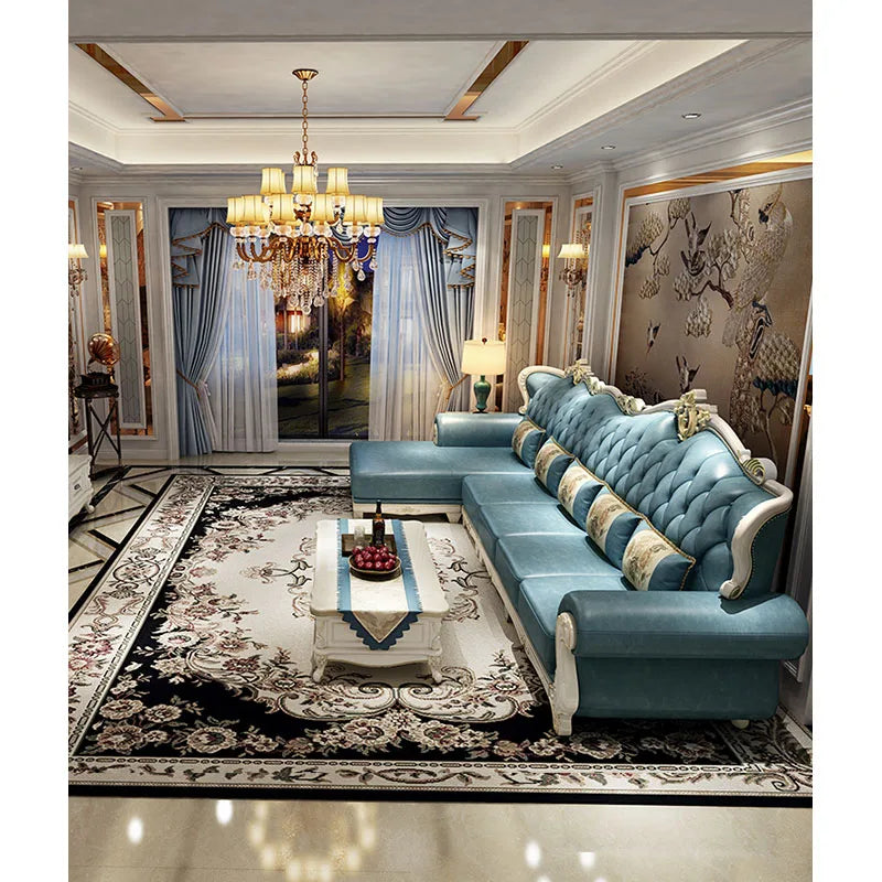 European-Style Light Luxury Corner Sofa: Modern Blue L-Shaped Leather with Solid Wood for Living Rooms.