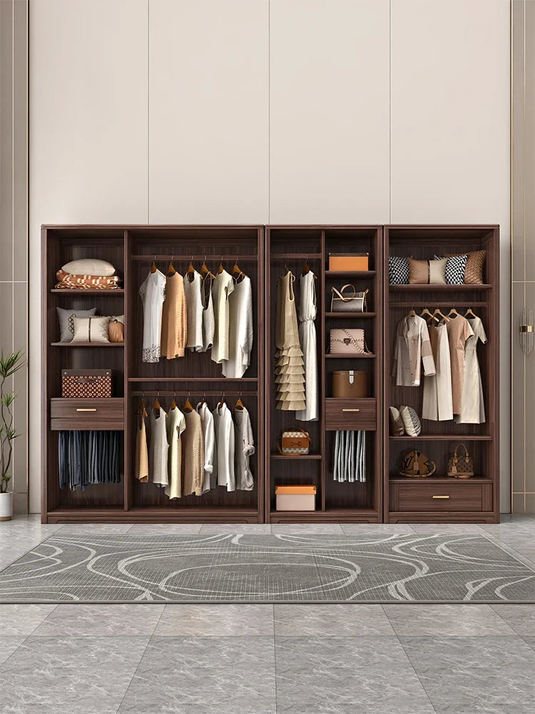 Solid wood wardrobe walnut sliding door combination home bedroom wardrobe light luxury modern storage wardrobe