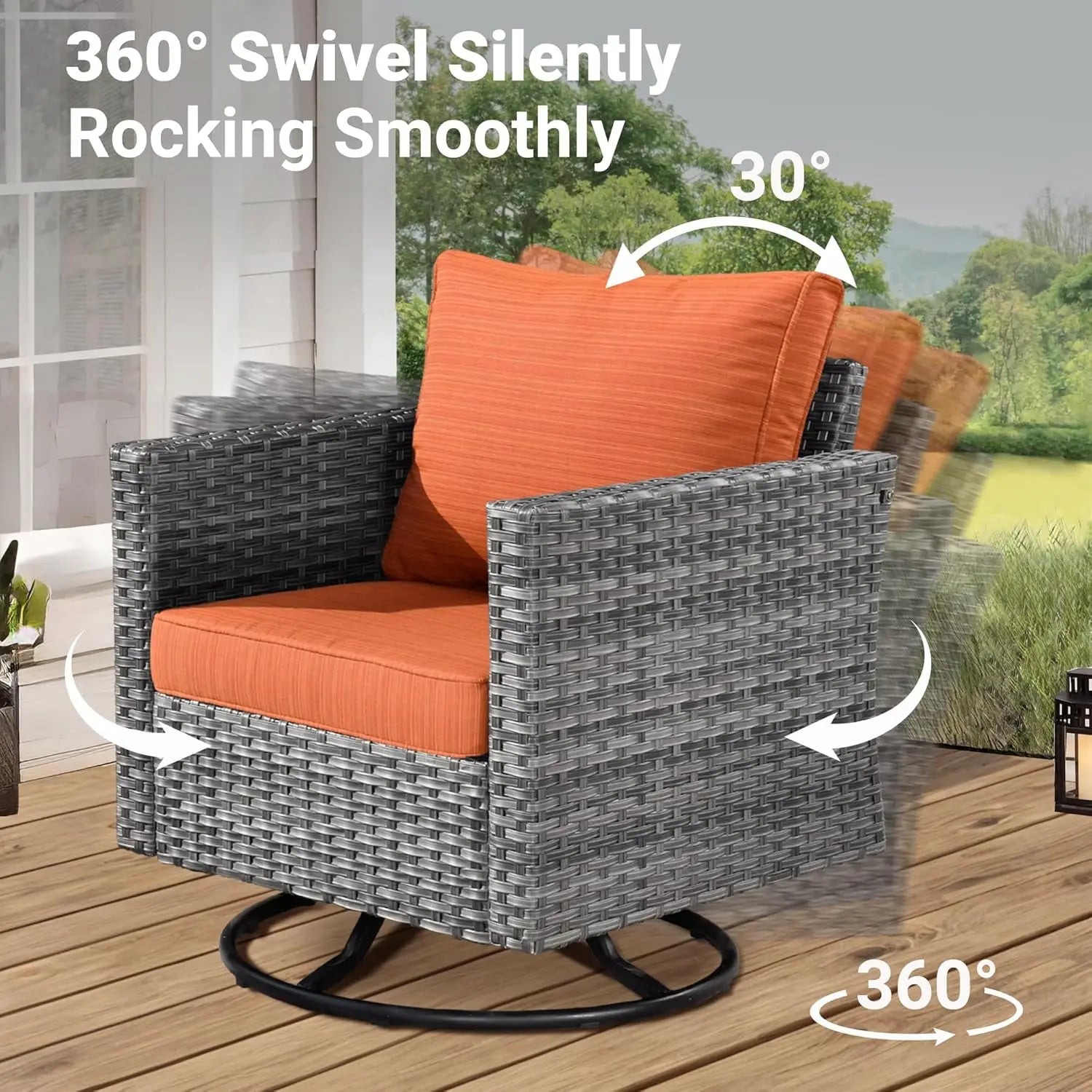 High Back Wicker Rattan Conversation Set with Fire Pit Table, Rocking Chairs, and Loveseat.