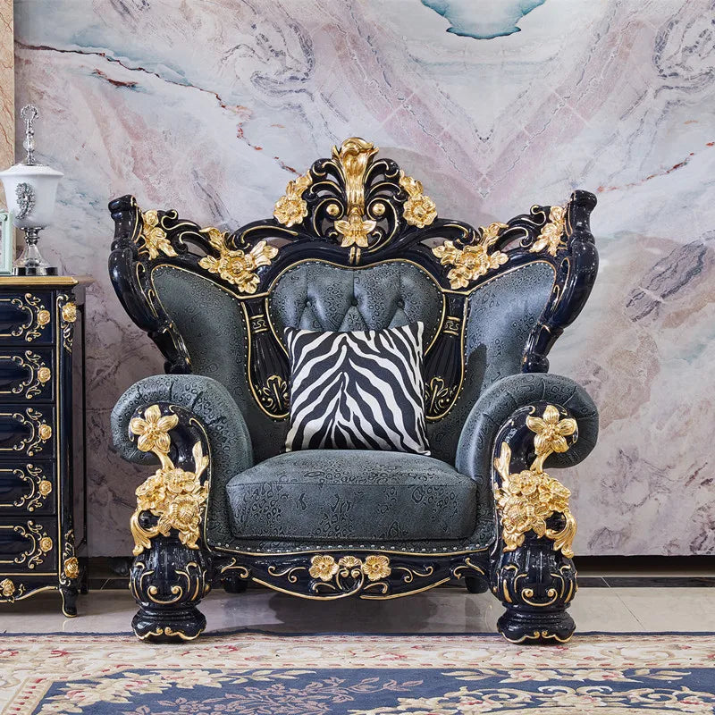 European Style Sofa Set: 123 Leather with Solid Wood Carvings, Modern Couch in Top Layer Cowhide
