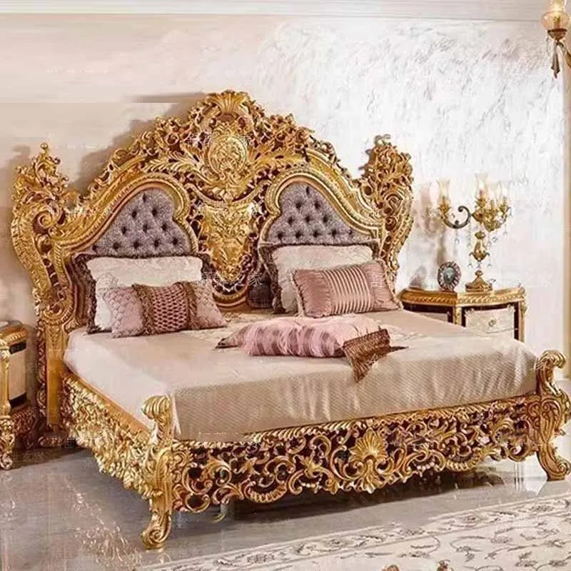 French solid wood carved double bed, European leather art princess bed, high-end customized 1.8-meter wedding bed