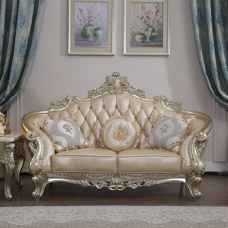 European-Style Leather Sofa Combination: Luxury Solid Wood Carved Sectional for Villa Living Rooms.