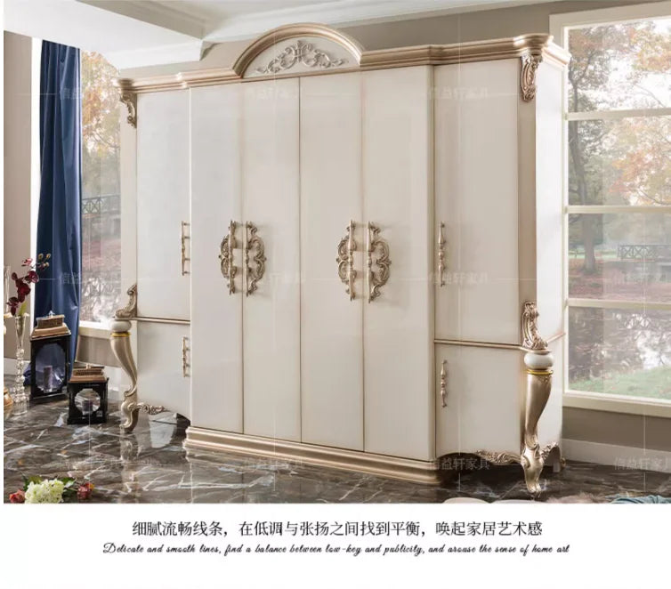 European Style Solid Wood Wardrobe – Carved, French Villa Design, Custom Classical Bedroom Furniture