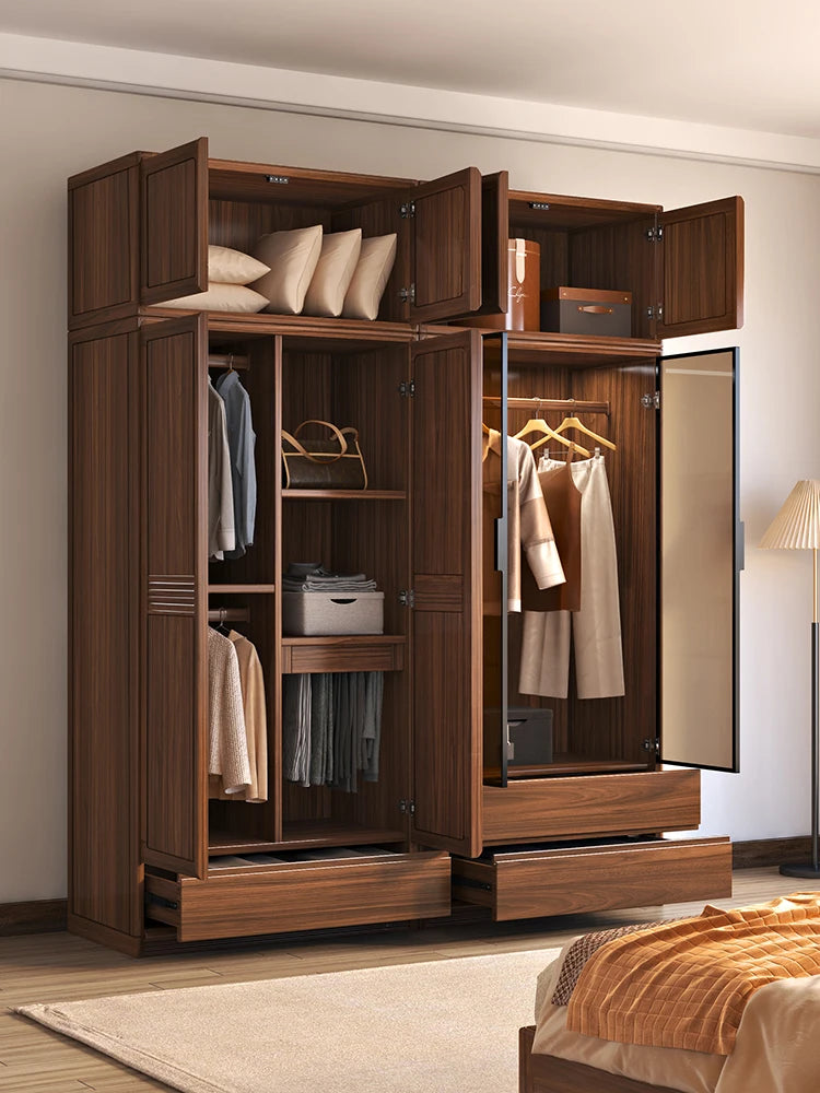 Solid Wood Black Walnut Wardrobe – Modern, Simple Design with Top Cabinet for Bedroom Storage.