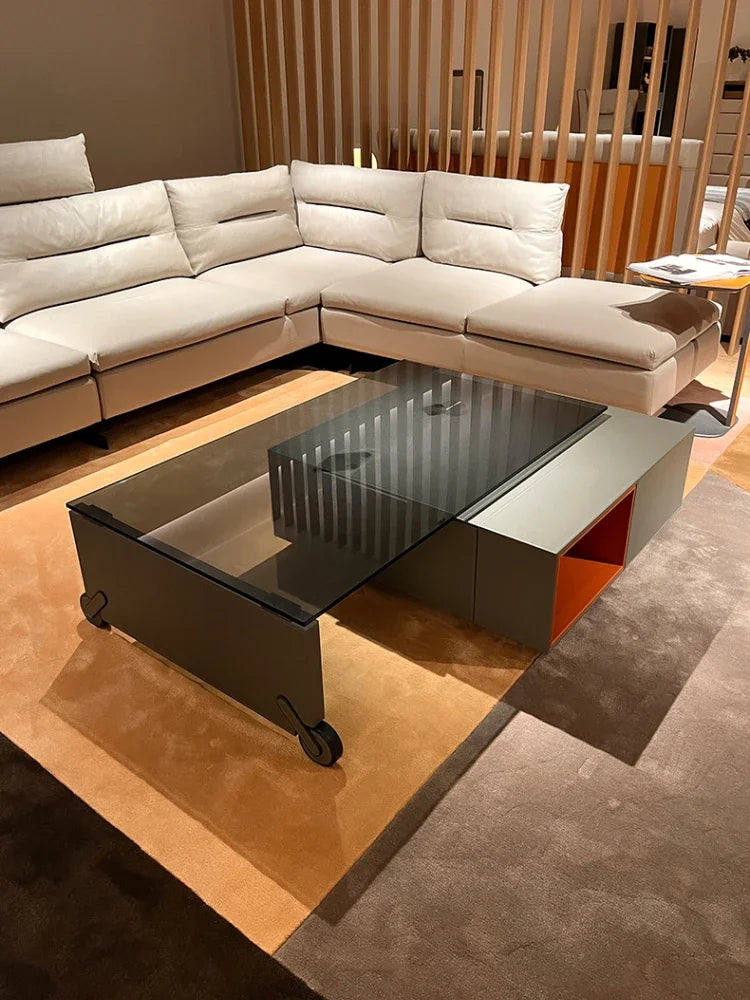 Italian Minimalist Saddle Leather 360° Rotating Glass Coffee Table – High-End, Light Luxury