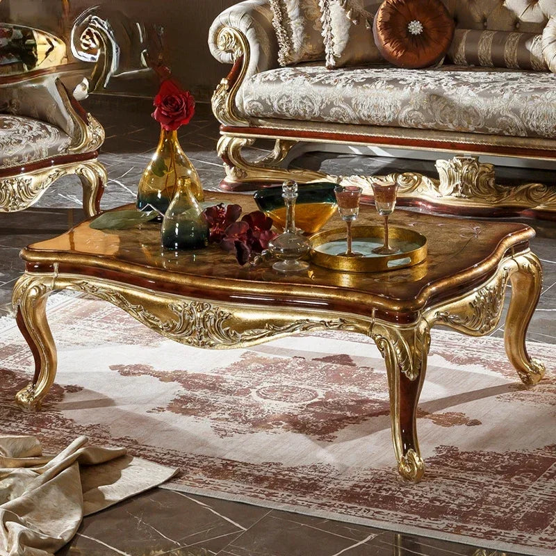 European-style square coffee table: a luxurious solid wood carved piece
