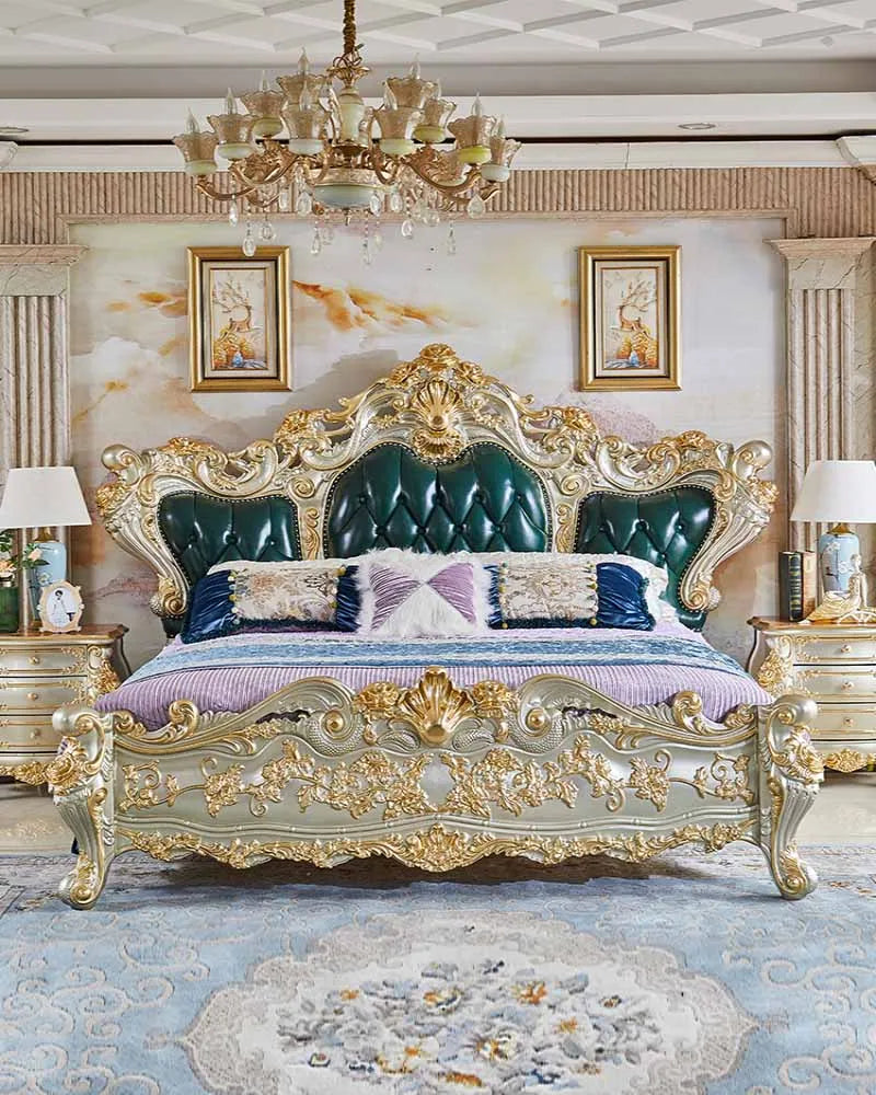 European-style solid wood king bed with genuine leather