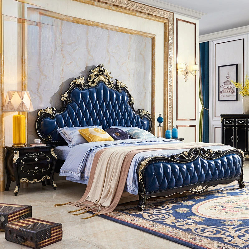 European Style Solid Wood Bed: Genuine Leather Ebony Princess Bed—American Light Luxury Villa Furniture.