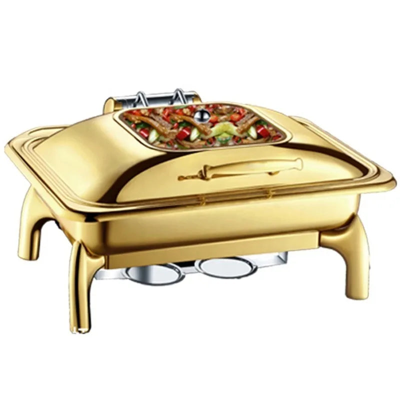 9L Catering Roll-Top Chafing Dish – Brass Plated Food Warmer with Window, Golden Color Buffet Furnace.