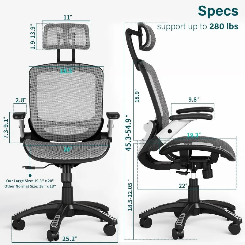 GABRYLLY Ergonomic Mesh Office Chair, High Back Desk Chair - Adjustable Headrest with Flip-Up Arms, Tilt Function
