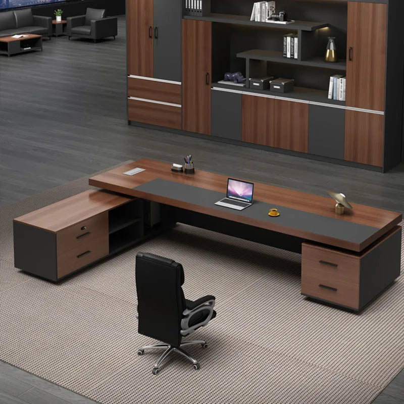 Executive office desk with work drawers, computer and monitor space, corner design, and storage