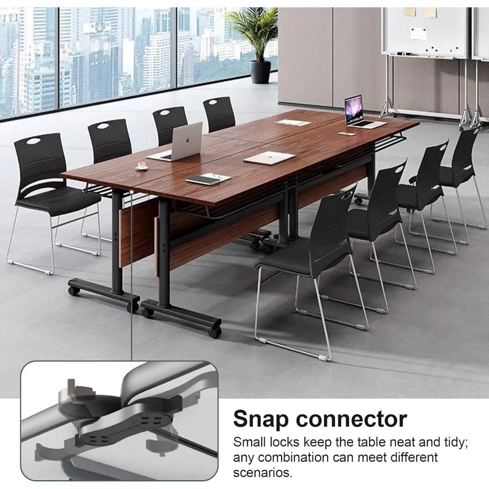 Foldable Conference Room Table, Flip-Top Mobile Training Table with Wheels, Metal Legs