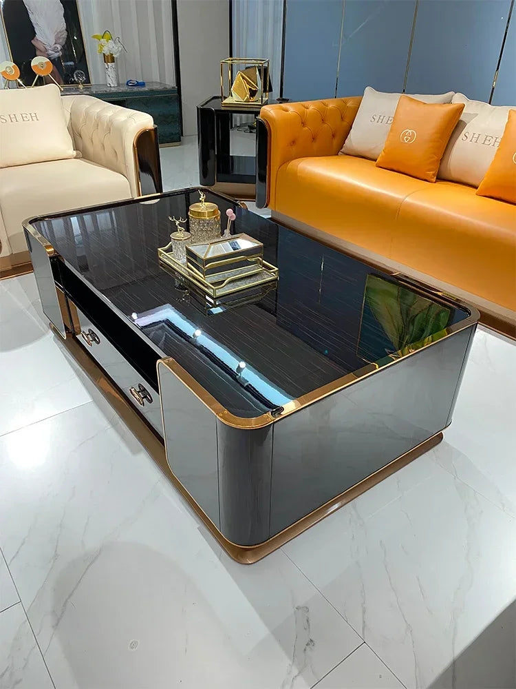 Italian luxury solid wood long tea table TV cabinet living room exquisite villa simple new furniture stainless steel lockers