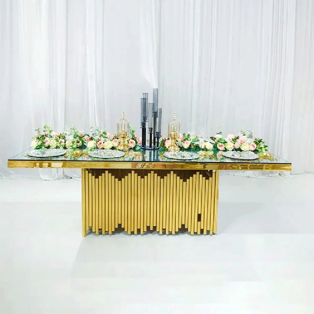 Wholesale luxury banquet table stainless steel base with glass or mdf top rectangle wedding dining tables set