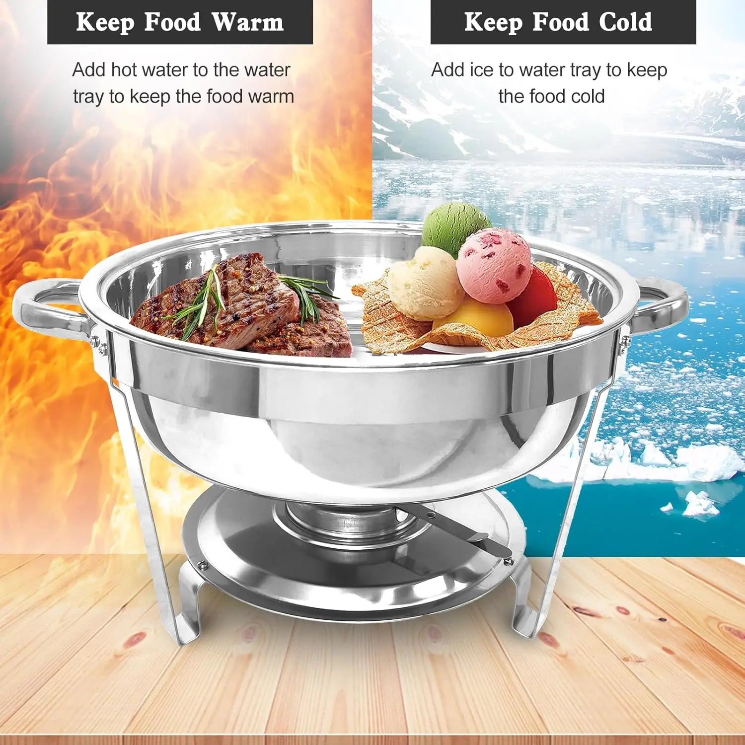 5QT Stainless Steel Round Chafing Dish Buffet Set – Includes Food & Water Trays for Catering