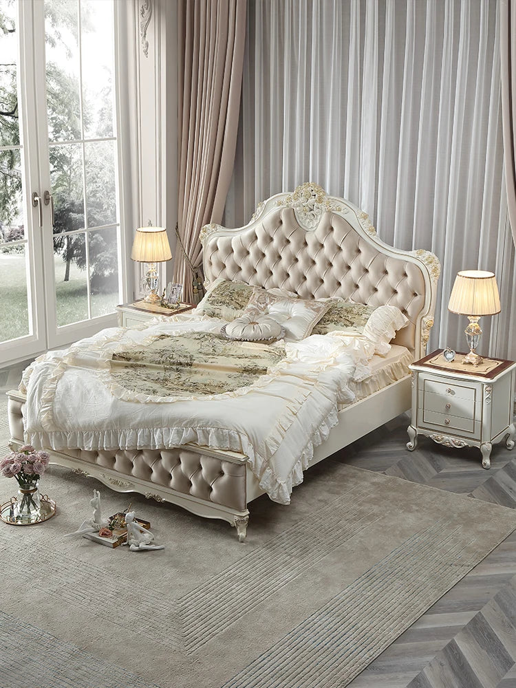 Versailles-style French fabric double bed, crafted from solid wood