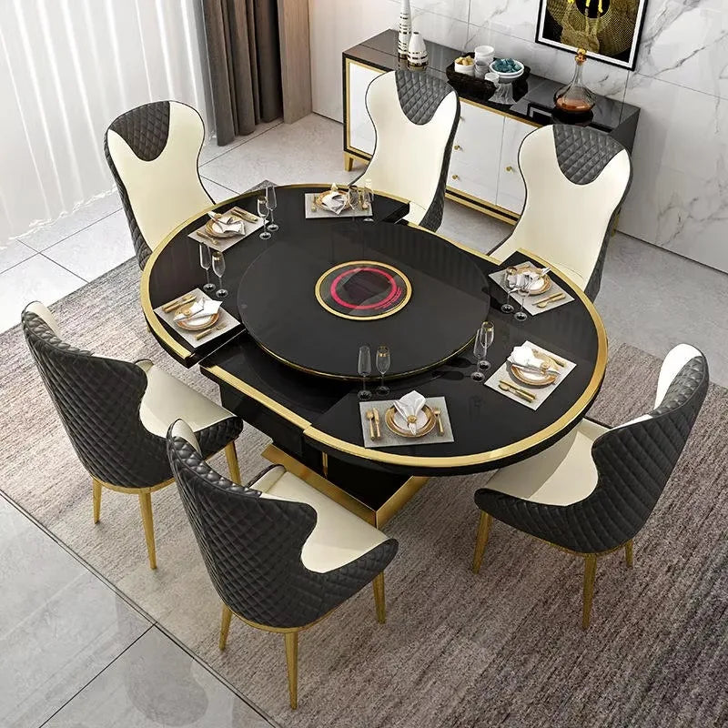 Luxury Expandable Tempered Glass Storage Induction Cooker Round Rectangle Dining Table Set