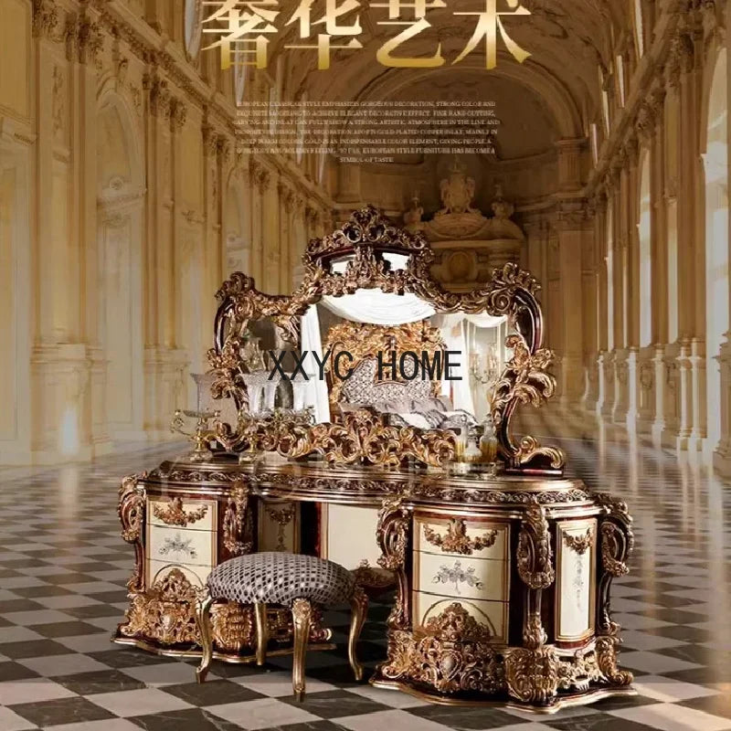 European style solid wood carving vanity French court golden makeup table villa vanity mirror table furniture