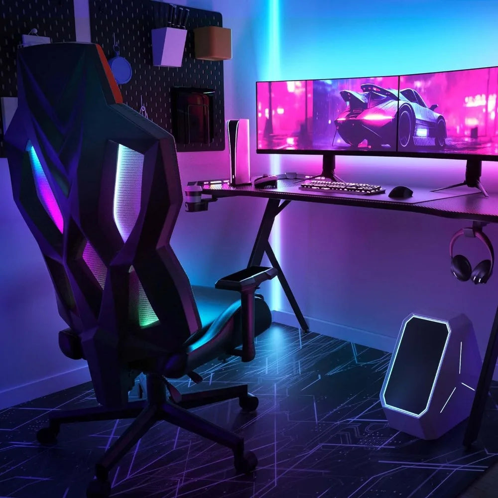 Gaming Chair with LED Lights, Ergonomic Computer Chair for Adults, Reclining Chair, with Adjustable Lumbar Support, Headrest