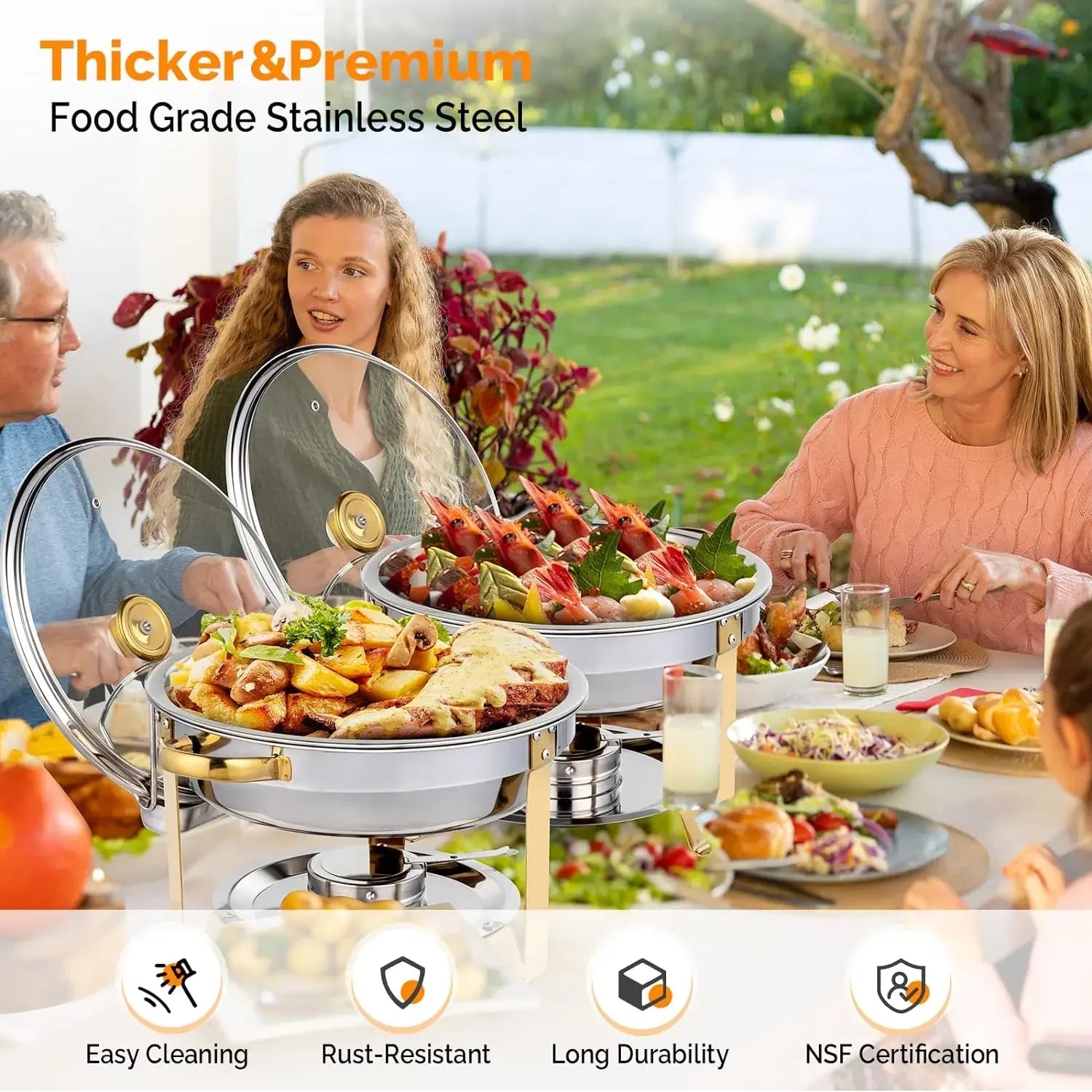 5QT Chafing Dish Buffet Set – Gold Accent Round NSF Stainless Steel with Glass Lid & Holder, 2-12 Packs for Catering & Events