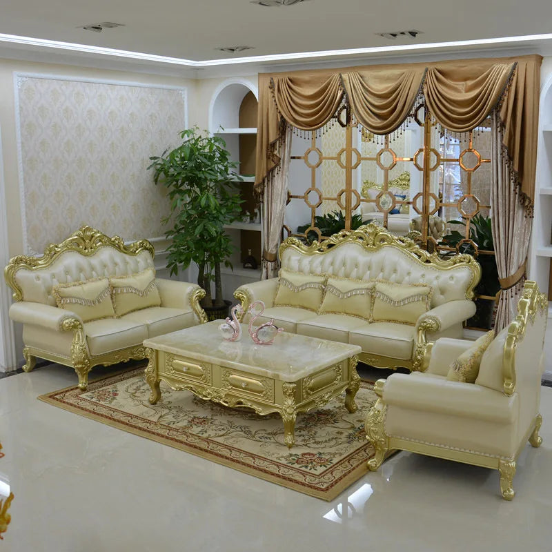 European-Style Leather Sofa Combination 123: Luxury Full Solid Wood Oak Sofas, Champagne Couch for Modern Living Rooms.