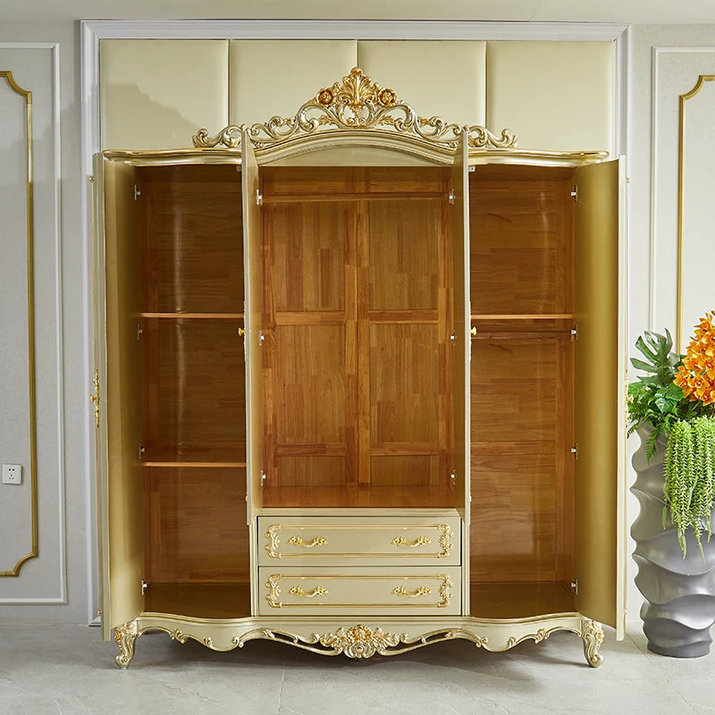 European Style Wardrobe – Solid Wood Carved, Gold Finish, Four Doors, American Villa Design