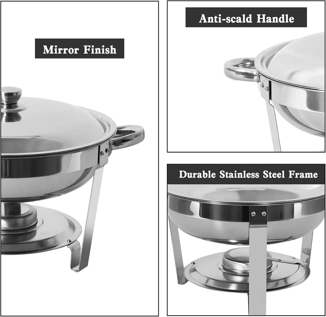 5QT Stainless Steel Round Chafing Dish Buffet Set – Includes Food & Water Trays for Catering