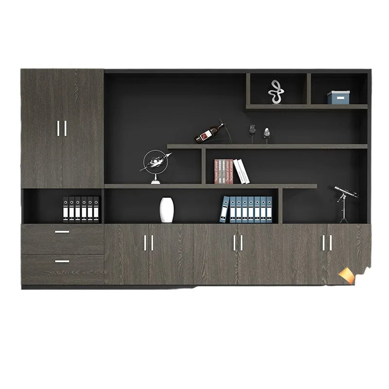 Wooden office furniture including a file cabinet, bookcase, and composite panel file cabinet, perfect for a boss&