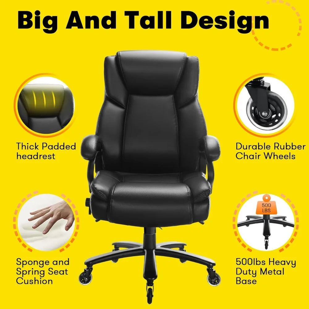 High Office Chair, 500 Lbs, Adjustable Lumbar Support, Silent Rubber Wheels, Heavy Duty Metal Base, Executive Chair