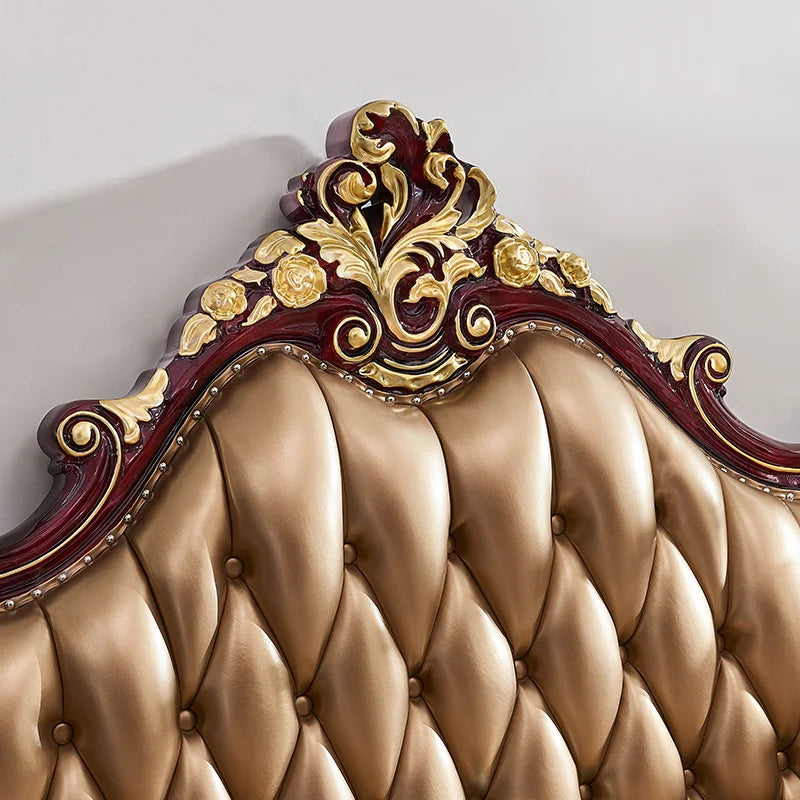 European Double Bed – Solid Wood American Style, Luxurious Carved Leather