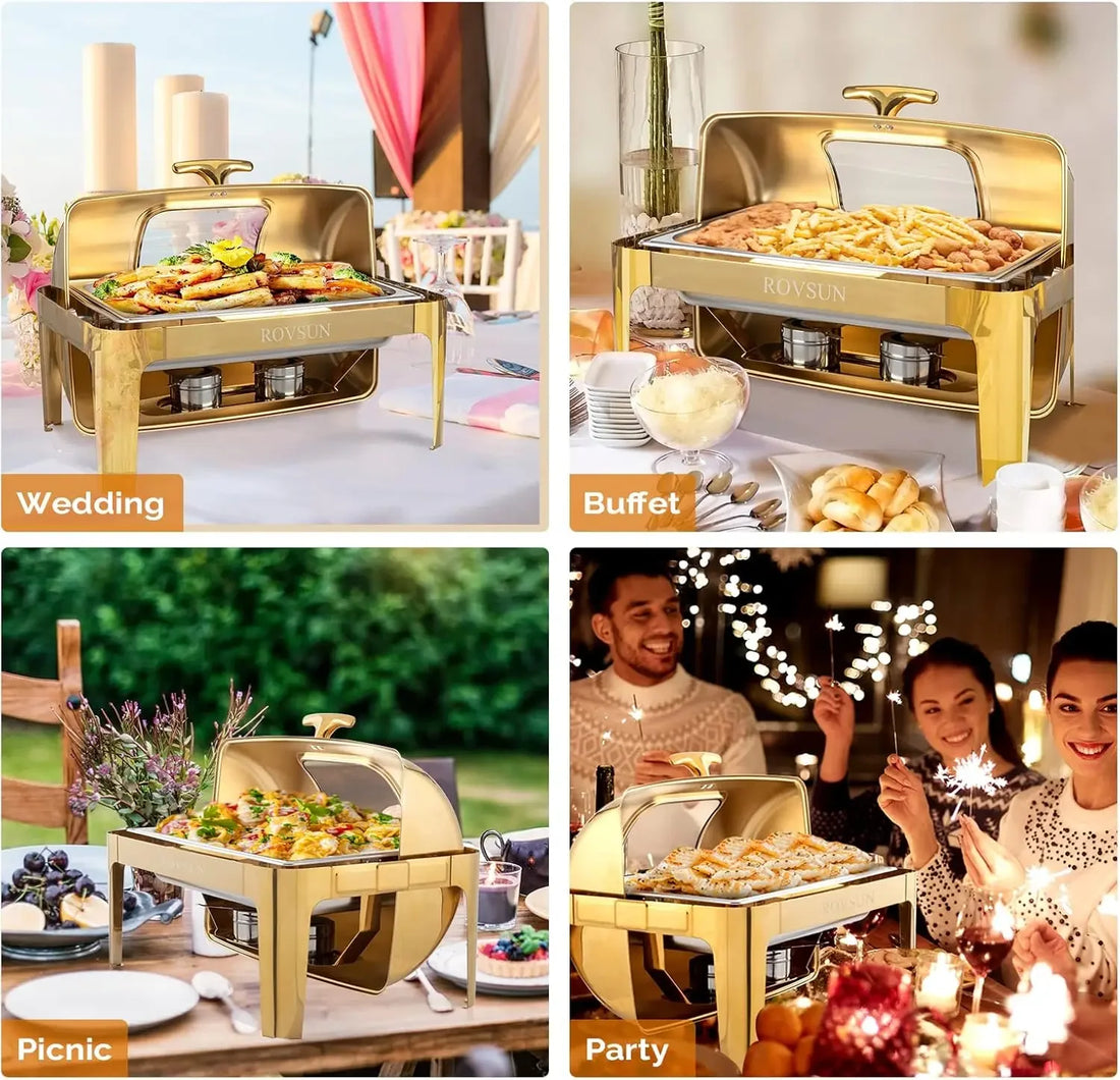 ROVSUN 9QT 3 Packs Roll Top Chafing Dish Buffet Set,Rectangular NSF Stainless Steel Buffet Warmer Chafers and Buffet Warmers