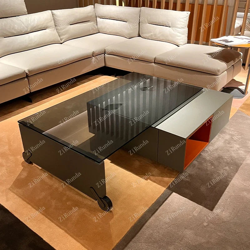 Italian Minimalist Saddle Leather 360° Rotating Glass Coffee Table – High-End, Light Luxury