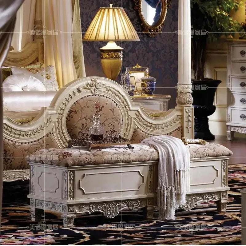 Custom European double bed in French solid wood, featuring intricate carvings