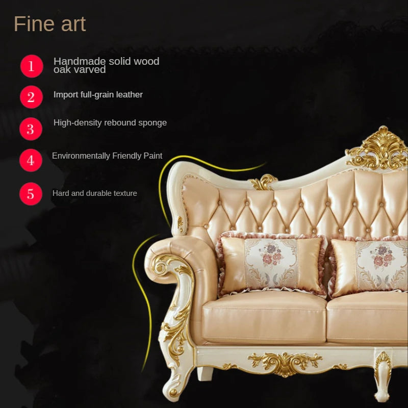 European Style Genuine Leather Sofa Set – Luxury Villa Furniture with Full Solid Wood Carvings