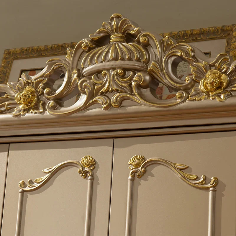 European-Style Solid Wood Wardrobe – Six Doors, Champagne Gold, Carved Luxury, Assembly Required
