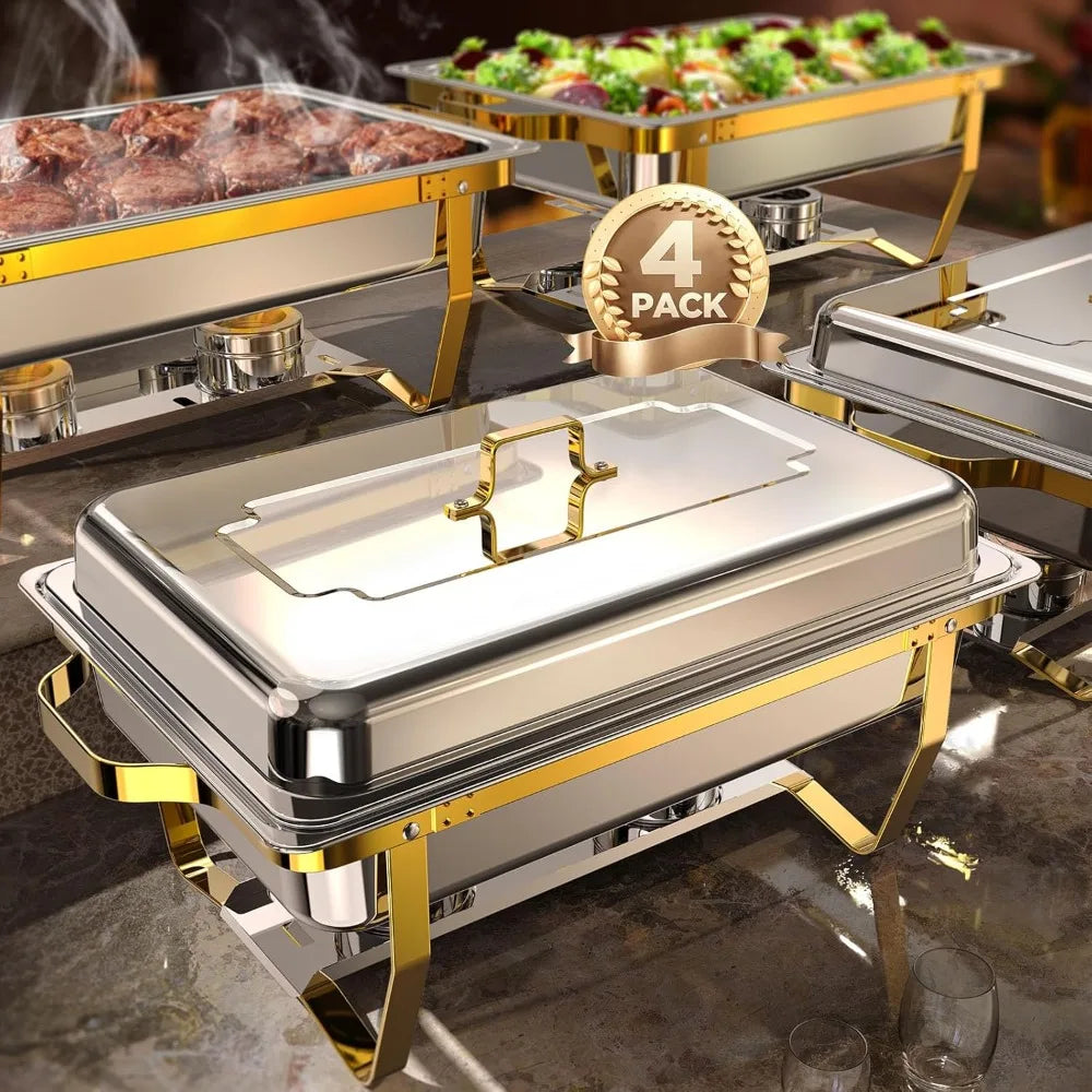 4-Pack 8QT Chafing Dishes for Buffet – Elegant Gold and Silver Stainless Steel Set, Sturdy and High-Quality.