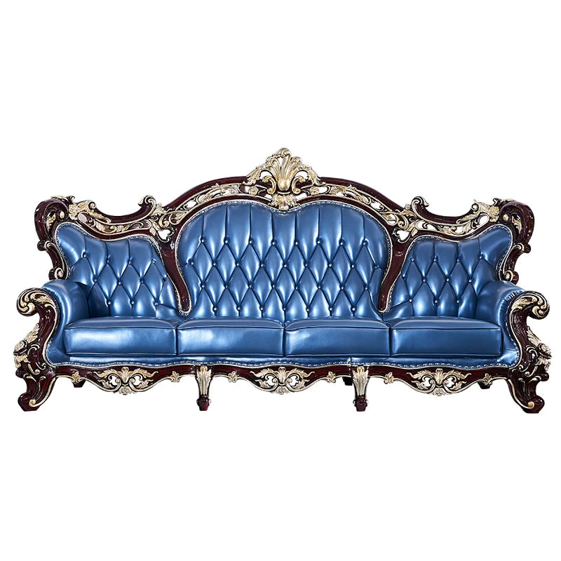 European Leather U-Shaped Sofa Set- Red Sandalwood, Carved Solid Wood, American Style