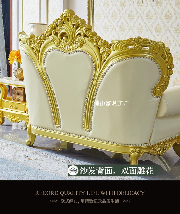 European Style Solid Wood Sofa – Genuine Leather Combination for Large Family Living Room