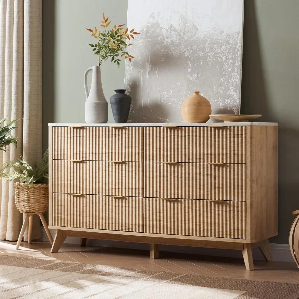 Fluted 6 , 54" Wide Modern Chest of Drawers with Faux Marble Top, Curved Profile Design, Wood Drawer Natural Oak