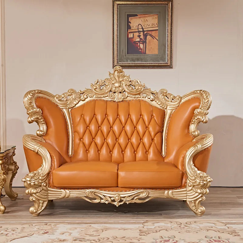uropean-Style Leather Sofa: Full Solid Wood Carved, High-End Chaise for Small to Medium Living Rooms, 124 Seats Combination