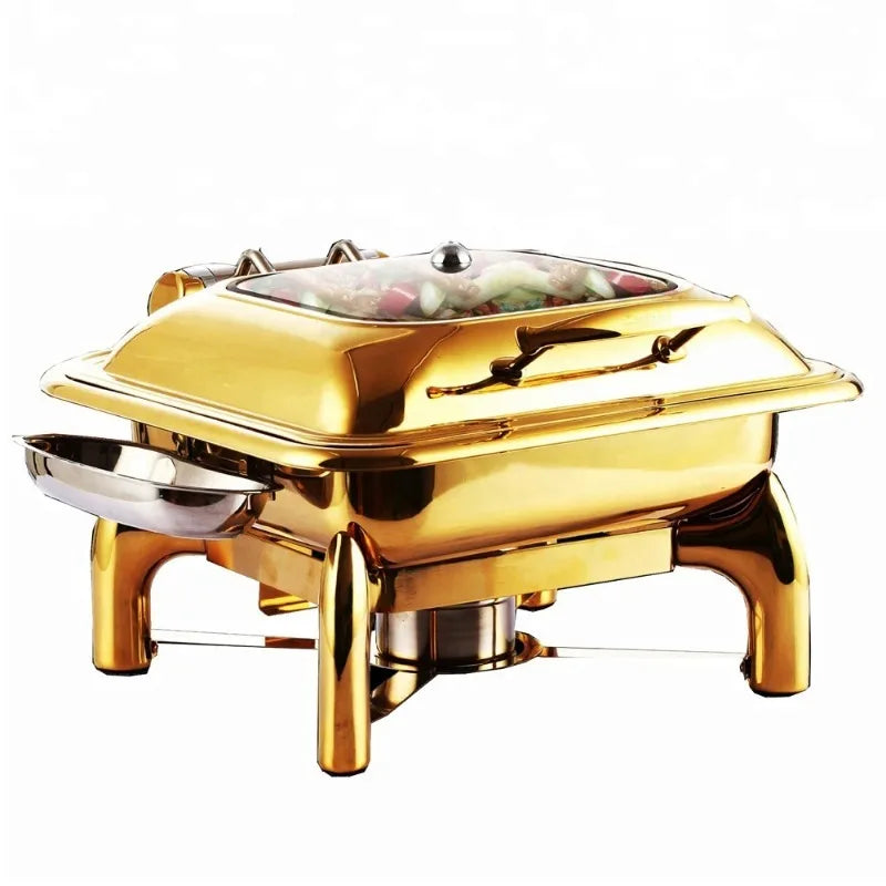 9L Catering Roll-Top Chafing Dish – Brass Plated Food Warmer with Window, Golden Color Buffet Furnace.
