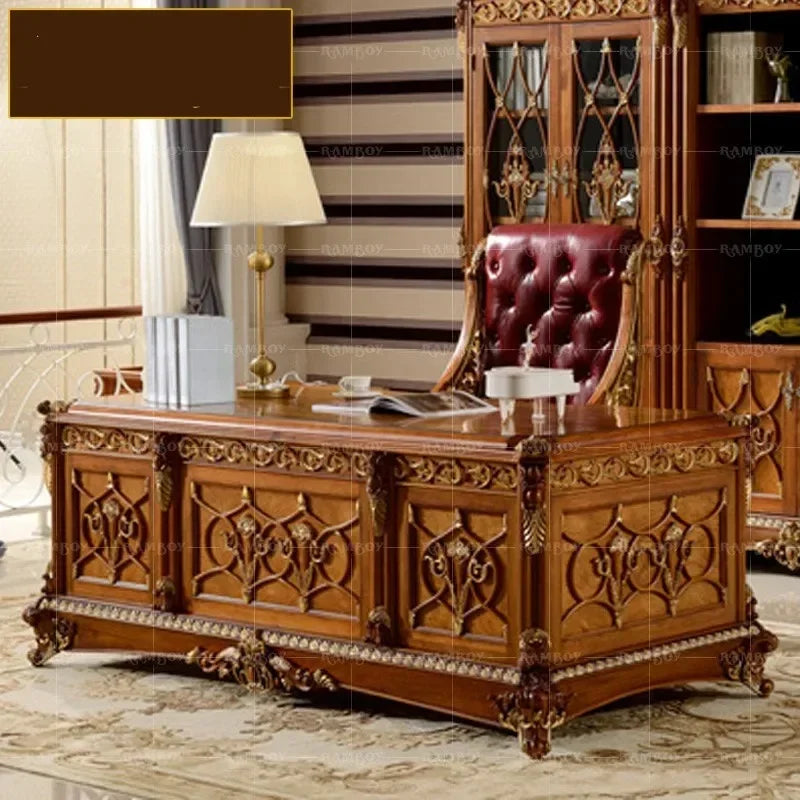 Custom villa furniture featuring an American luxury European-style desk, crafted from solid wood with intricate carvings.