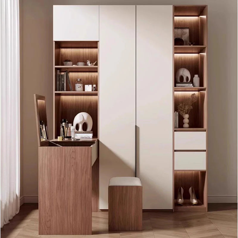 Space-Saving Women’s Wardrobe – Modern White Shelf Cabinets with Doors.