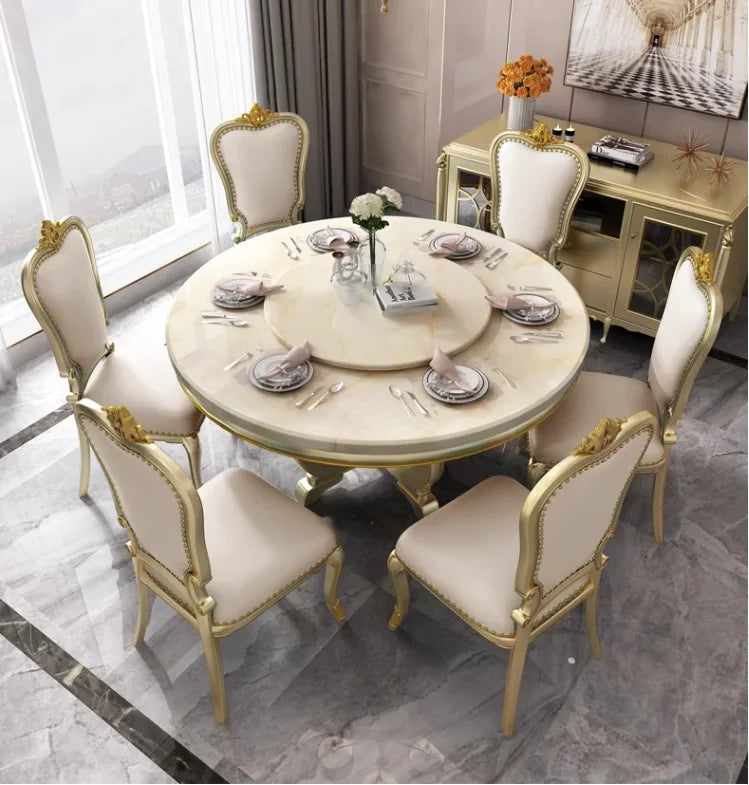 American Light Luxury Solid Wood & European Marble Round Dining Table – Luxury Villa Table & Chair Set