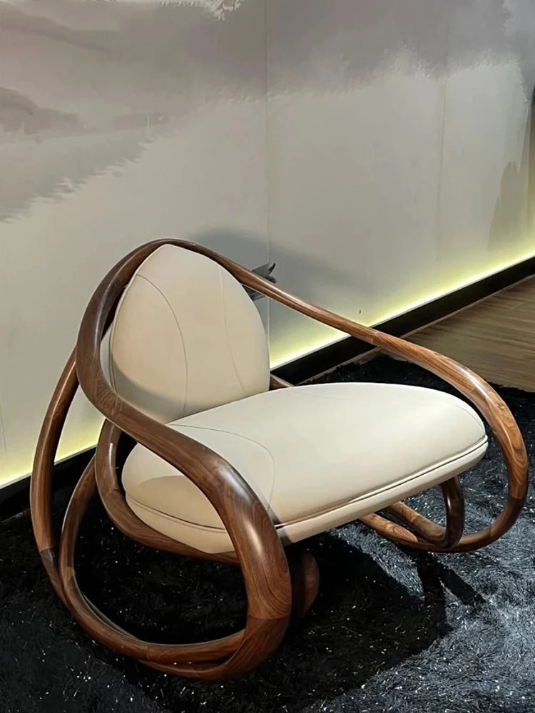 Designer rocking chair: a solid wood leather leisure chair
